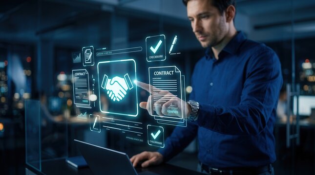 Businessman managing digital procurement process with B2B sourcing and business approval.