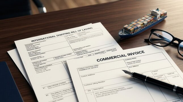 International shipping bill of lading and commercial invoice on a wooden table