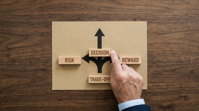 A business professional performing a strategic trade-off decision-making process.
