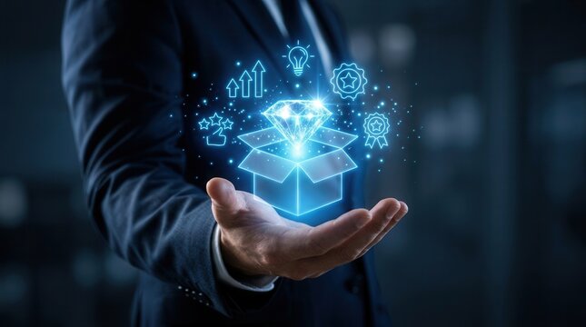 Businessman presenting a value proposition concept with a glowing diamond emerging from a box.