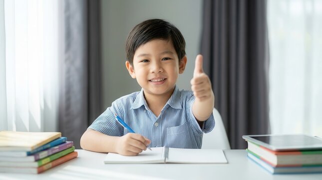 A successful student showing a thumbs up gesture to celebrate academic achievement.