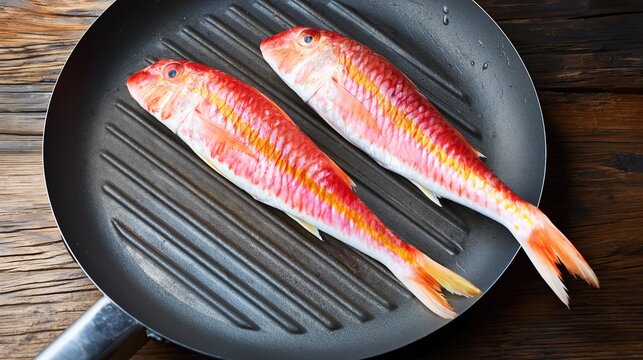 Fresh red snapper fillets on black griddle with sauce drizzle