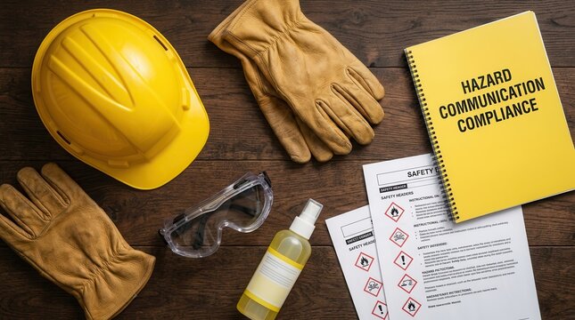 Safety equipment collection for hazard communication compliance on wood.