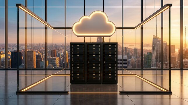 A glowing cloud representation hovering above a server stack in a high-tech data center.