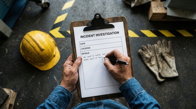 Worker writing on an incident investigation form on a clipboard.