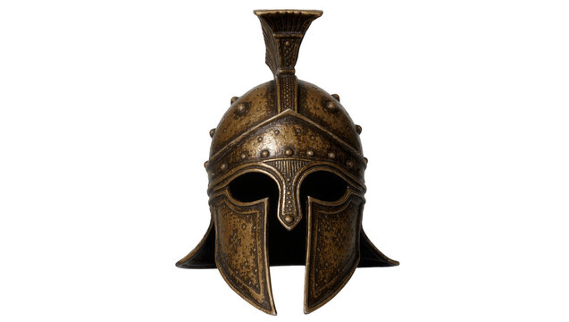 Ancient bronze Corinthian helmet with decorative studs, isolated on transparent background
