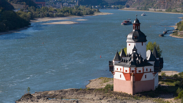 Aerial view of Rhine Low Water Bottleneck at Kaub with Burg Pfalzgrafenstein