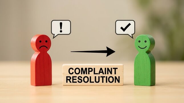 Concept of complaint resolution between a dissatisfied customer and a happy customer.