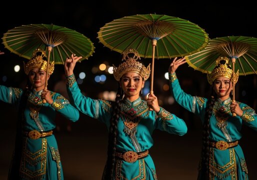 Traditional thai dancers performing with green umbrellas in a night show