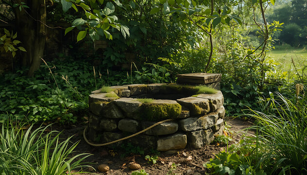 Peaceful Garden Bench Surrounded by Trees, Mossy Stones, Grass and Scenic Waterfall in a Serene Natural Park Land