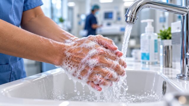 Medical professional washing hands with soap and water in hospital for hygiene and infection prevention.