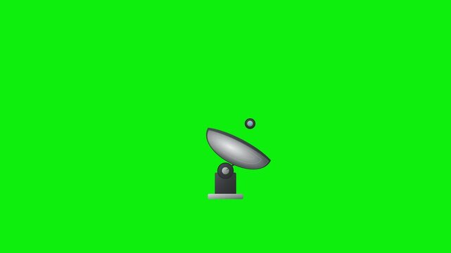 Animated satellite dish with adjustable parabolic antenna and small floating signal element isolated on bright green background, clean centered composition for communication and broadcasting visuals