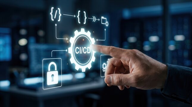 A person interacts with a luminous digital interface showcasing CI CD concepts for continuous integration and delivery.