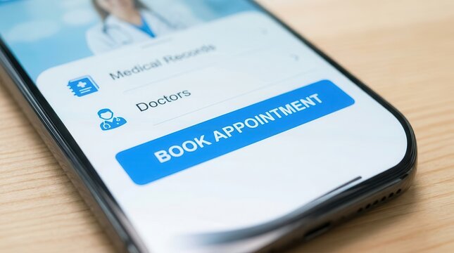 Smartphone screen showing a healthcare app with a large Book Appointment button.