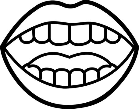 Black and white line art illustration of human mouth and teeth isolated on transparent background
