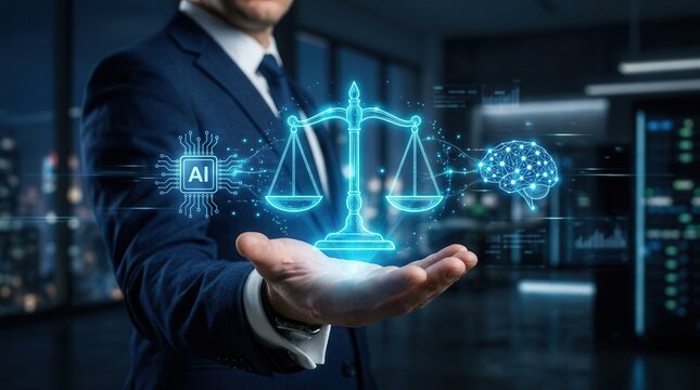 Businessman balancing AI ethics and copyright considerations with digital icons