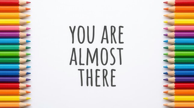 Motivational You Are Almost There text on white paper with colorful pencils.