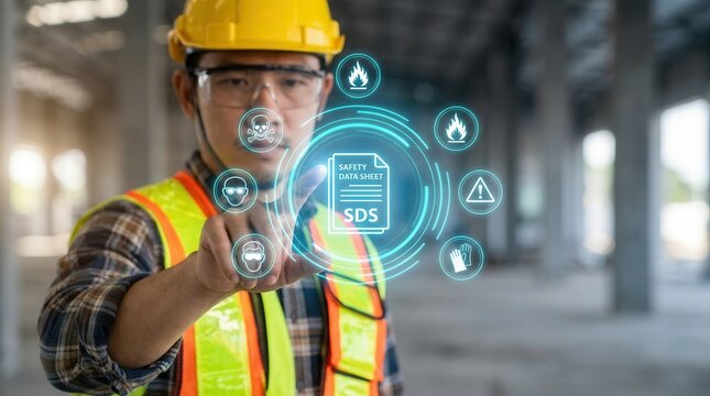 Construction worker interacting with digital SDS safety data sheet and hazard icons