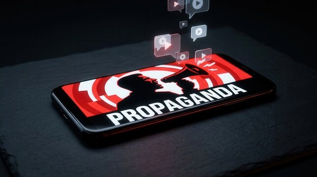 Smartphone displaying propaganda imagery representing media manipulation and misinformation.