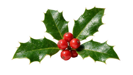 Glossy green holly leaves with red berries, isolated on transparent background © PICSPRO