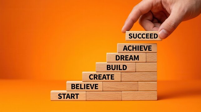A hand places wooden blocks forming the phrase Once we accept our limits we go beyond them on an orange background.