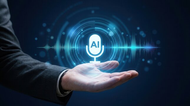 Businessman using AI voice technology with speech recognition interface.