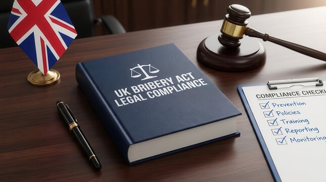 UK Bribery Act legal compliance book with a gavel and compliance checklist.