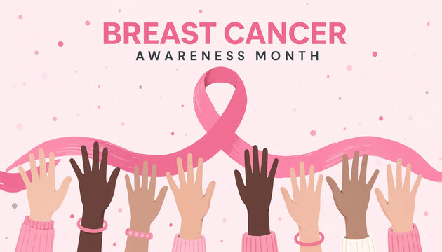 A colorful illustration for breast cancer awareness month featuring a prominent pink ribbon symbol and many diverse human hands raised upward in support