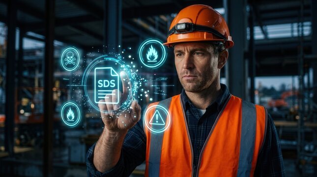 Construction worker using a digital safety data sheet for hazard warning and chemical safety.