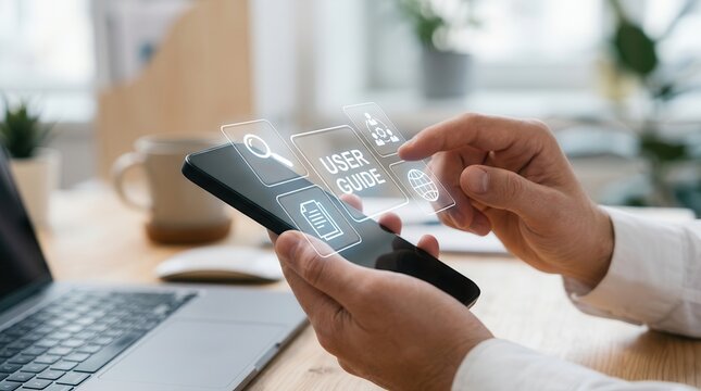 Digital user guide interface on a mobile phone with search, document, and team icons.