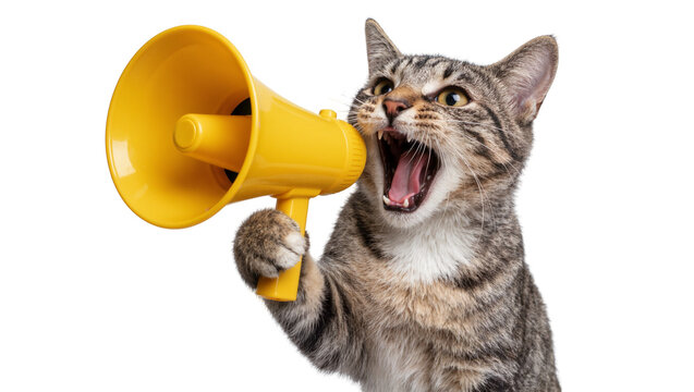 Tabby cat shouting into a yellow megaphone, isolated on transparent background