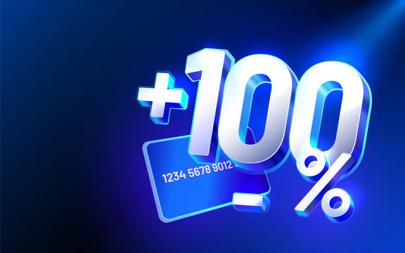 Dynamic 3D 100 bonus with credit card on a vibrant blue background.