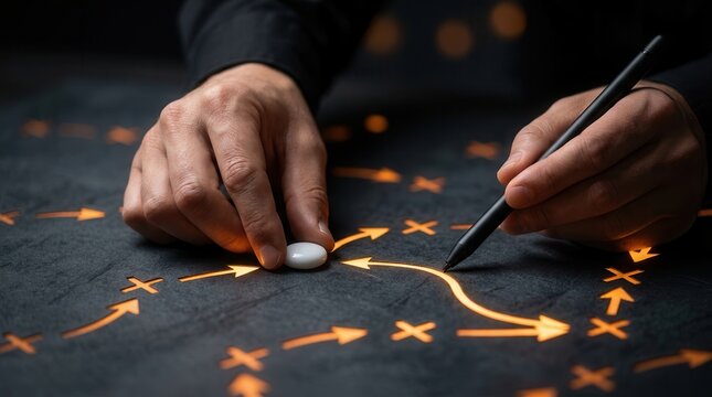 Hands plotting a strategic plan with glowing arrows and visual aids for decision-making.