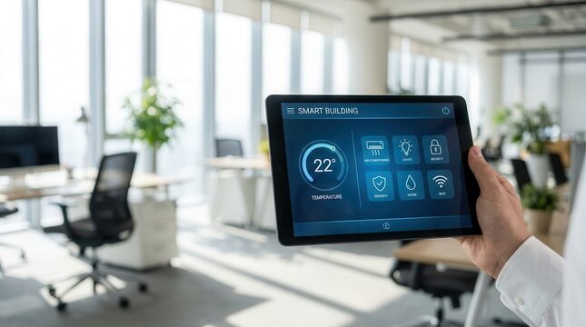 A hand holding a tablet displaying a smart building automation system control interface.