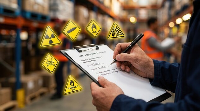 Security officers inspect dangerous goods storage in a warehouse using clipboards for safety.