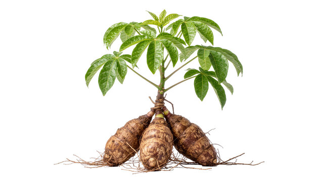 Cassava plant with three tubers and green leaves, isolated on transparent background