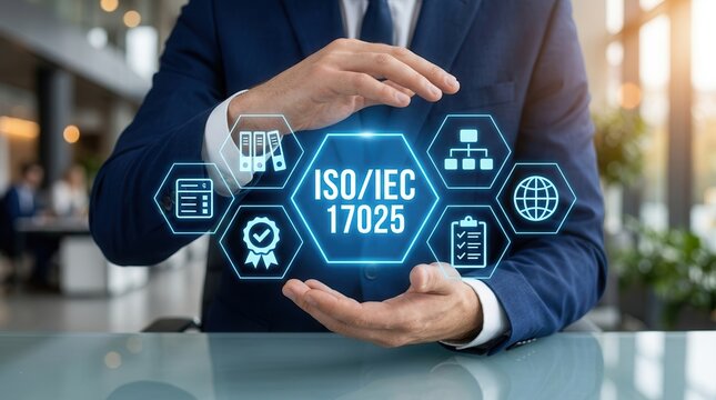 Businessman holding ISO/IEC 17025 standard icon for laboratory management and testing requirements.
