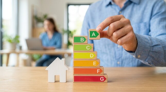 Man arranging wooden cubes to show energy efficiency rating for electric household appliances