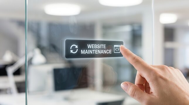 A person's finger touching a website maintenance button on a digital screen.