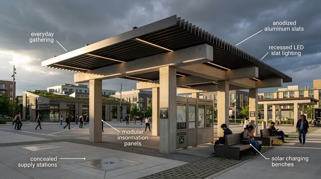 A robust pergola with recessed LED slat lighting serving as an everyday public pavilion and emergency coordination point within a resilient city square, surrounded by concealed supply stations, modula