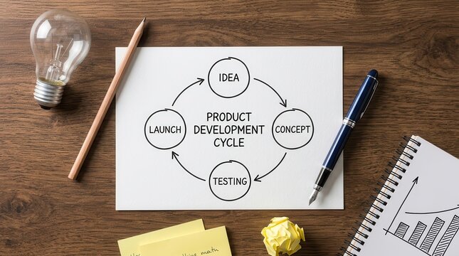 Product development cycle diagram illustrating the business idea process on paper.