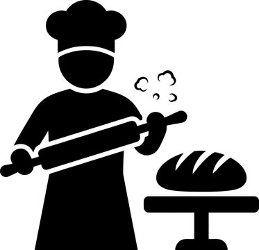 Baker silhouette icon with rolling pin and freshly baked bread on stand illustrating culinary profession and bakery food service industry concept