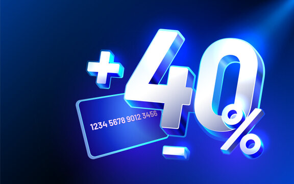 Bright 3D forty percent discount with a credit card on a vibrant blue background. Ideal for advertising sale events and financial promotions.