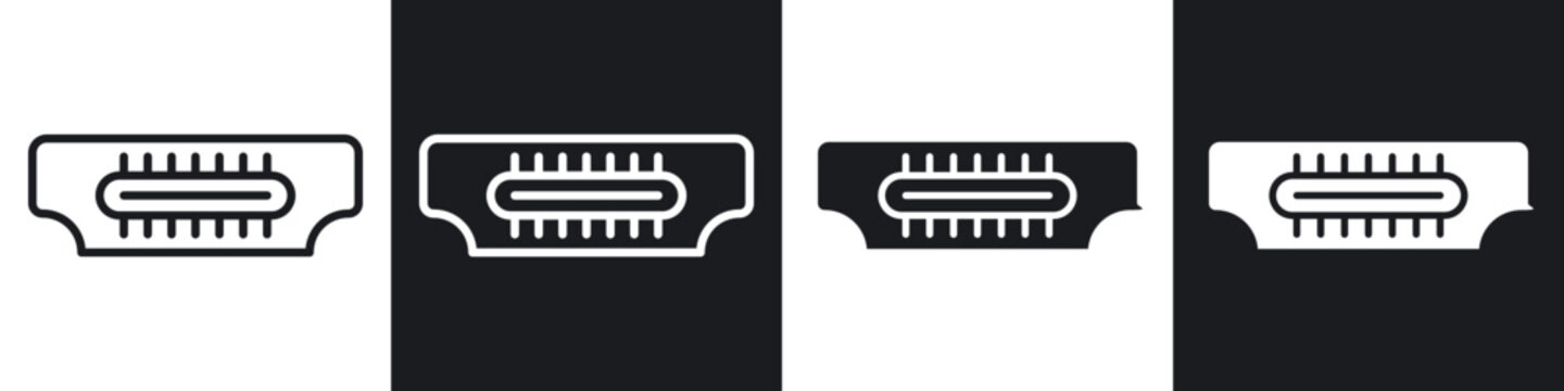 hdmi cable icons in flat and outlined black and white colors collection