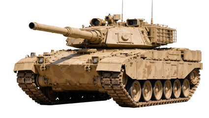 Modern desert tan battle tank with large cannon, isolated on transparent background © PICSPRO