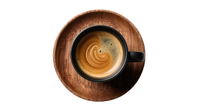 Black ceramic cup of espresso with crema swirl on wooden saucer, isolated on transparent background