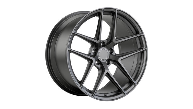 Dark grey five-spoke alloy car wheel with polished edges, isolated on transparent background
