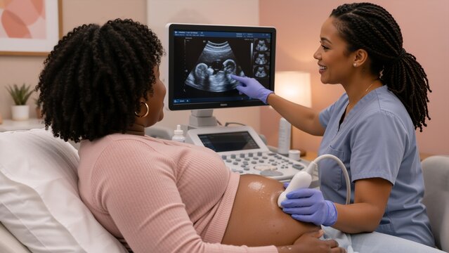 A sonographer performs an abdominal ultrasound and points to the fetal scan on a monitor while a pregnant patient reclines on an exam bed in a softly lit medical clinic.