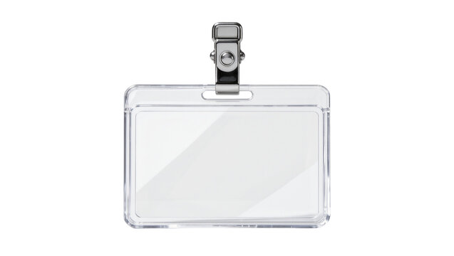 Clear plastic badge holder with silver metal clip, isolated on transparent background