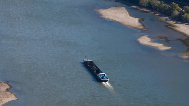 Aerial view of Rhine Low Water Bottleneck at Kaub with Burg Pfalzgrafenstein